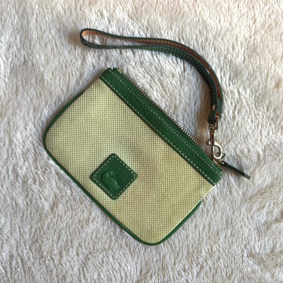 Dooney & Bourke Green Trim Canvas Leather Wristlet Pouch Small, 6x4 - Picture 1 of 4